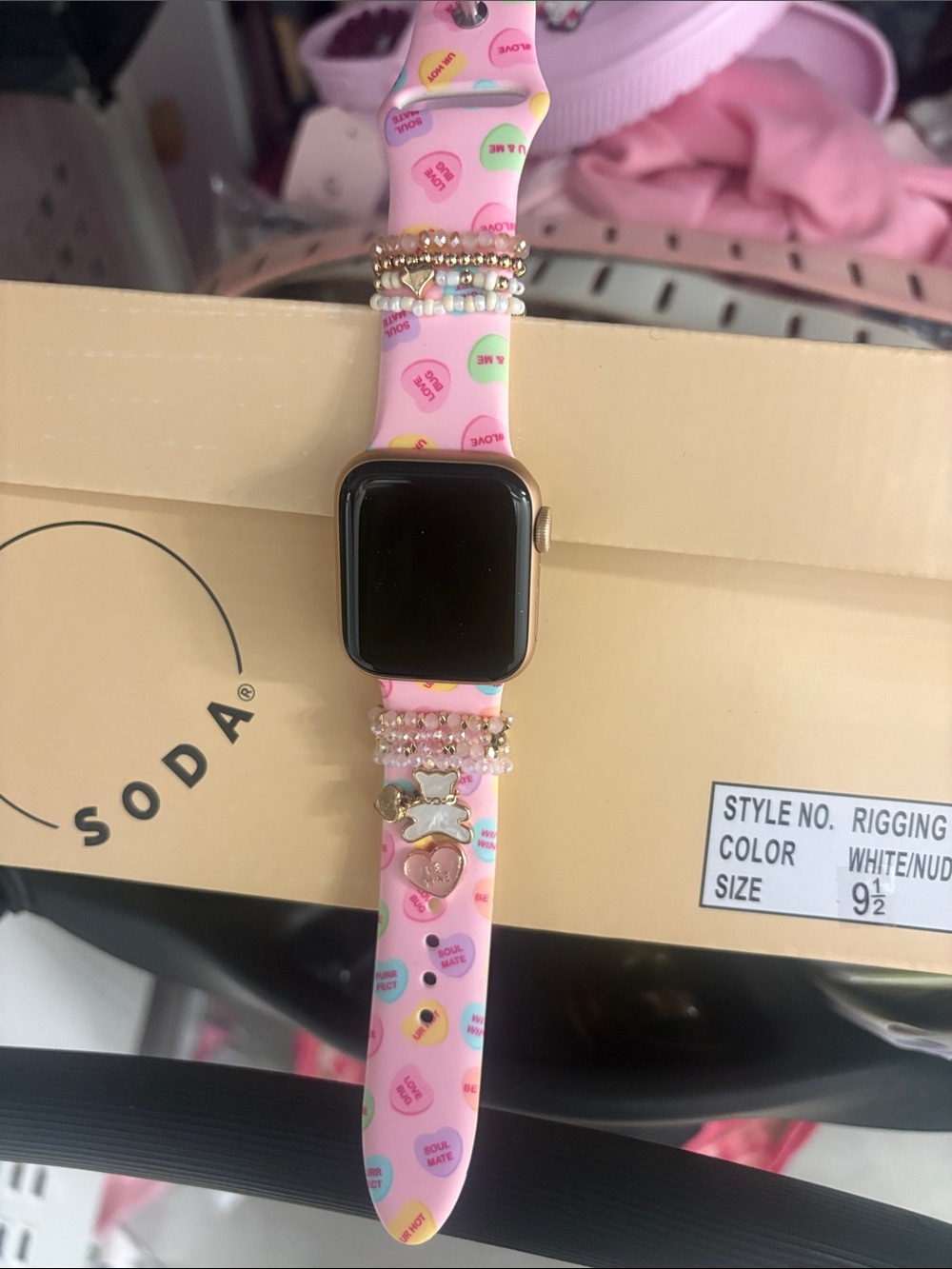 Pink Conversation Heart Silicone Band with Beaded Charms